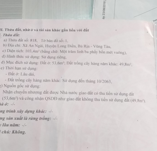 Chính chủ bán gấp lô đất mặt tiền đường 44A, xã An Ngãi, huyện Long Điền